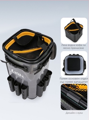 Многофункционална риболовна чанта с отделение за пръчка, кофа за живи риби, мрежа против изплуване, EVA материал, водоустойчива, двойна презрамка