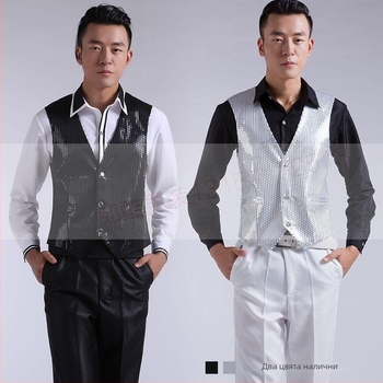 Мъжки жилет със пайети за сценични изпълнения — V-образно деколте, прав силует, подплатен флийс, основен материал: кожа от говеда (50%), подплата: ацетат