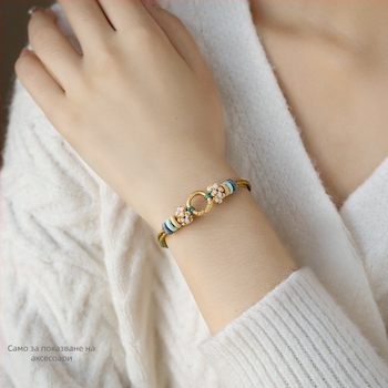 DIY гривна: ръчно плетена с узел прасковено цветче, Dzi мъниета, пчелен восък, тюркоаз и златни акценти