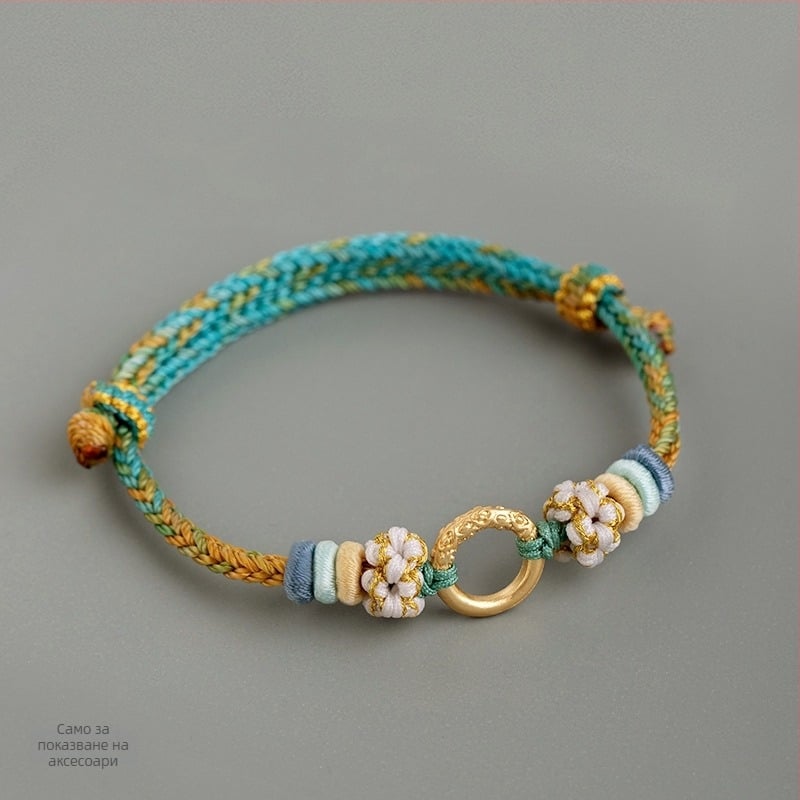 DIY гривна: ръчно плетена с узел прасковено цветче, Dzi мъниета, пчелен восък, тюркоаз и златни акценти