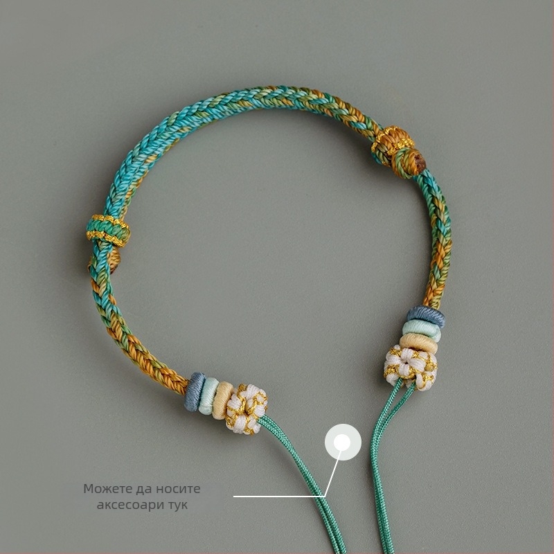 DIY гривна: ръчно плетена с узел прасковено цветче, Dzi мъниета, пчелен восък, тюркоаз и златни акценти