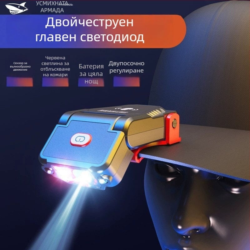 Презареждаща LED челна лампа за нощен риболов, с клип за шапка, 360° въртене, обхват 100–200 м