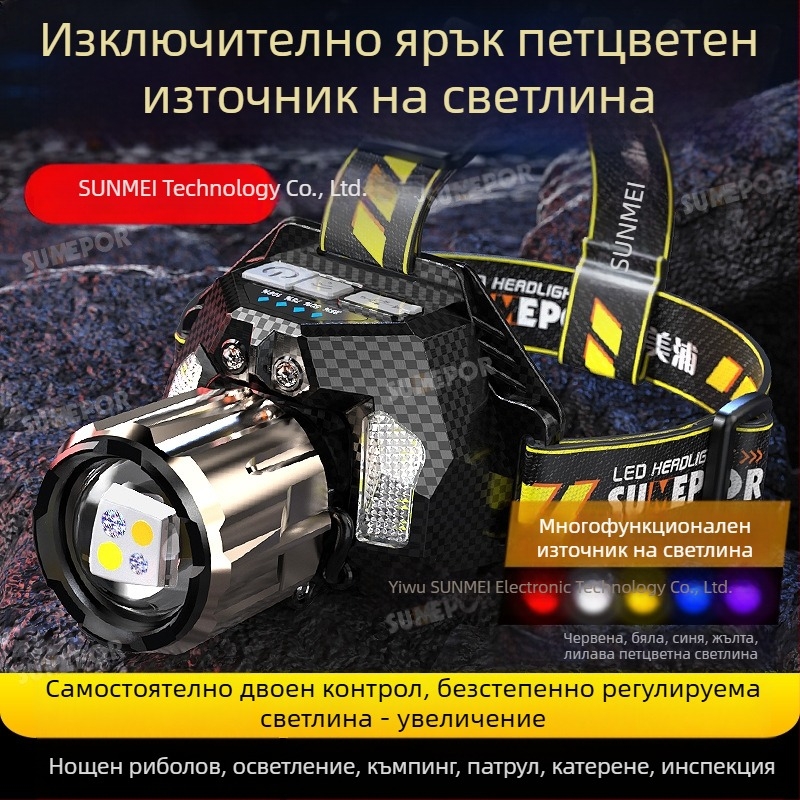 Челник с лазерен светлинен източник, пластмасово тяло, 7000mAh презареждаща се батерия, обхват 100–200 m, подходящ за къмпинг и нощен риболов (критични спецификации: 7000mAh, лазерен светлинен източник, обхват 100–200 m, пластмасово тяло, подходящ за къмпи