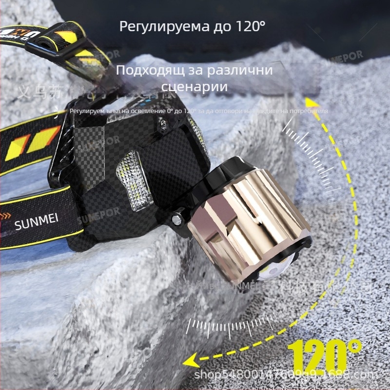 Челник с лазерен светлинен източник, пластмасово тяло, 7000mAh презареждаща се батерия, обхват 100–200 m, подходящ за къмпинг и нощен риболов (критични спецификации: 7000mAh, лазерен светлинен източник, обхват 100–200 m, пластмасово тяло, подходящ за къмпи