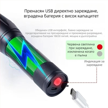 Ръчно фенерче — 10W LED, 2400 mAh, 100000 ч. живот на светодиода, 18650 клетка, алуминиев корпус