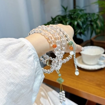 Гривна с естествени кристални мъниста, 108 Будда мъниста, 925 стерлингови сребърни акценти, многослойна конструкция