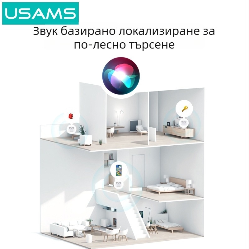 Мини локатор против загуба, съвместим с iOS, обхват 12–15 м, батерия 230 мАч, тегло 25 г, включва торба за съхранение, PU кожа + ABS