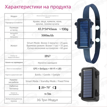 Локатор за животни за крави и овце с GPS Beidou проследяване, аларми (вибрация, мобилен сигнал, ограда, скорост), 3 м точност, IP67 водоустойчив, 30-дневна батерия