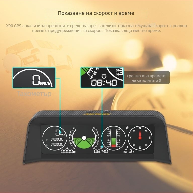 HUD автомобилен дисплей с GPS, ъгломер и цифров проектор – модел X90 GPS HUD, универсална съвместимост, работна температура 0–40°C