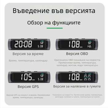 Соларен HUD автомобилен часовник с цифров дисплей: скорост, напрежение и температура на водата; мониторинг на налягането в гумите (модел T1s, преносим, до 15 bar)