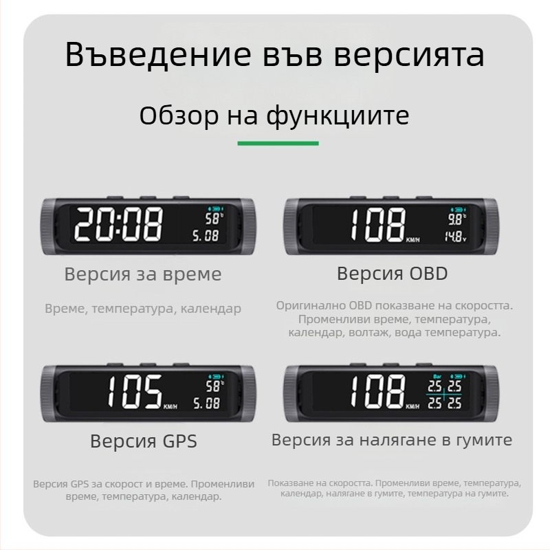 Соларен HUD автомобилен часовник с цифров дисплей: скорост, напрежение и температура на водата; мониторинг на налягането в гумите (модел T1s, преносим, до 15 bar)