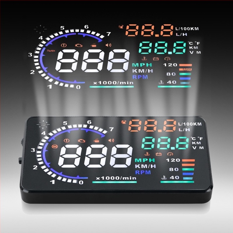 Автомобилен HUD дисплей модел A8, съвместим с OBD2, метален корпус, захранване чрез OBD интерфейс, тегло 322 g
