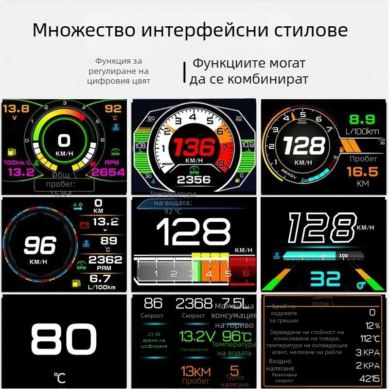 OBD автомобилен дисплей с тахометър, температура на масло и вода, Head-Up Display, LCD 480p, модел XAS-K10, захранване чрез OBD