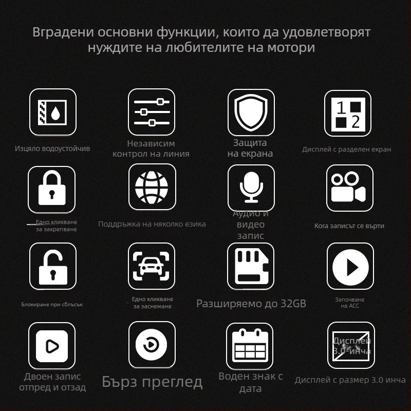 Мотоциклетен видеорегистратор с двойна леща, водоустойчив, HD нощно виждане, 3-инчов дисплей, с жично управление