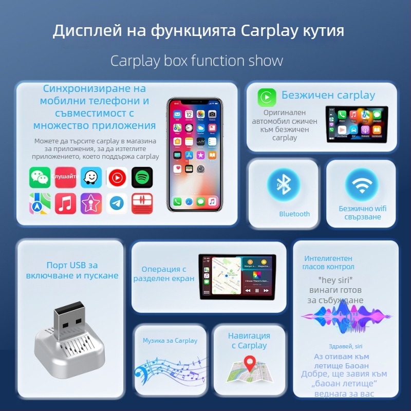 Двуканална безжична кутия CarPlay + Android Auto с USB-C, 5V и 3-5W, Т-тип хоризонтално включване