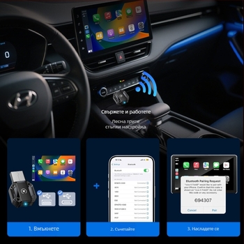 Безжичен CarPlay и Android Auto автомобилен адаптер — 2-в-1 интелигентна навигационна система, модел M36, ОС AX1800, 16GB вътрешна памет, USB и USB-C интерфейси