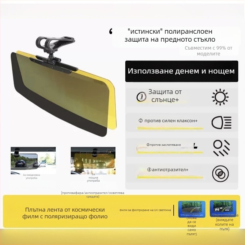 Автомобилна слънцезащитна козирка, универсална, вградена инсталация, дневно-нощна антиотразителна защита, PVC