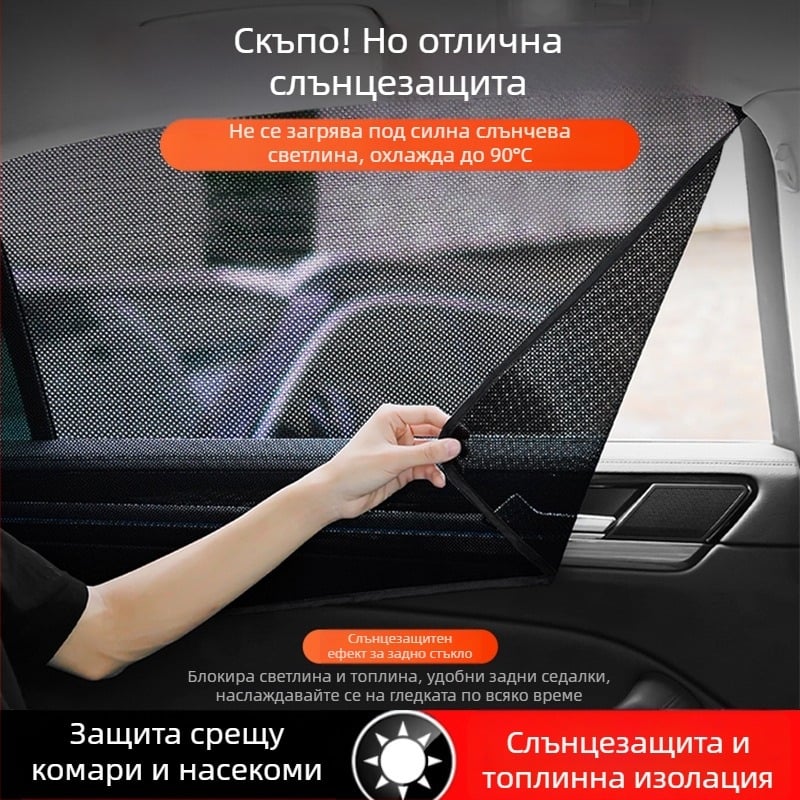 Автомобилен магнитен слънцезащитен мрежест щит за странични прозорци, полупрозрачен, 95gsm полиестерна мрежа, окачване тип, универсално приложение