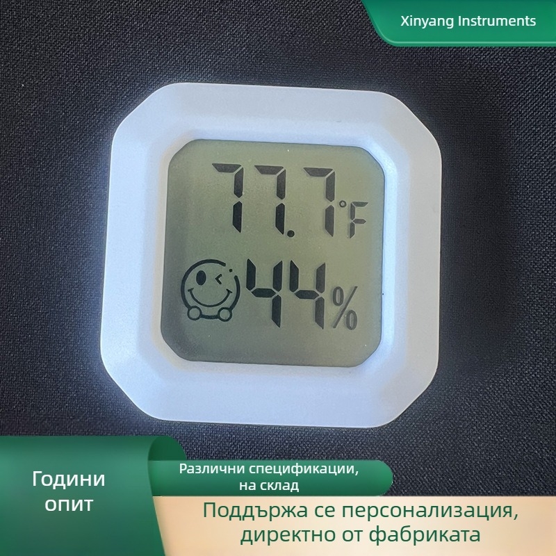Мини стенен комбиниран измервател на температура и влажност със сухо/мокро дисплей, усмихнато лице, батерийно захранване, резолюция 0.1°C, грешка температура ±1°C, грешка влажност ±5% RH, лепенка за монтаж в кола, Xinyang