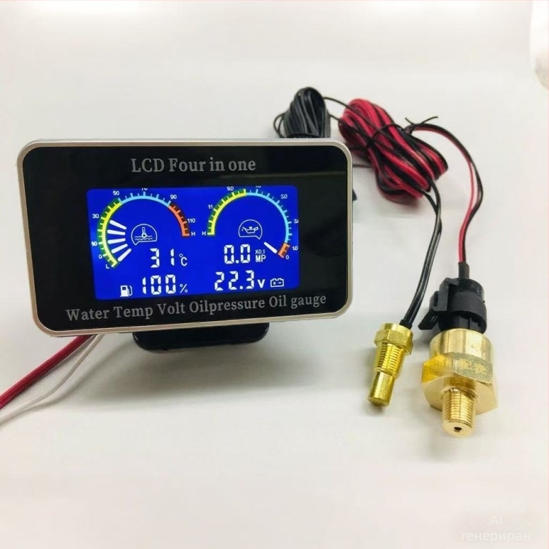 LCD четири в едно табло за автомобили: измерване на налягането на маслото, ниво на масло, температура на водата и волтметър; захранване 9–33V; съвместимо с 12V/24V системи; ABS пластмаса и стъкло.