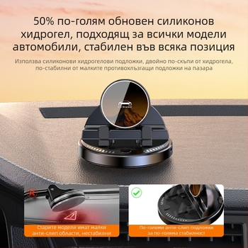 Автомобилен държач за телефон с безжично зареждане 15W, антихлъзгащ силикон, въртене на 360°, монтаж на таблото