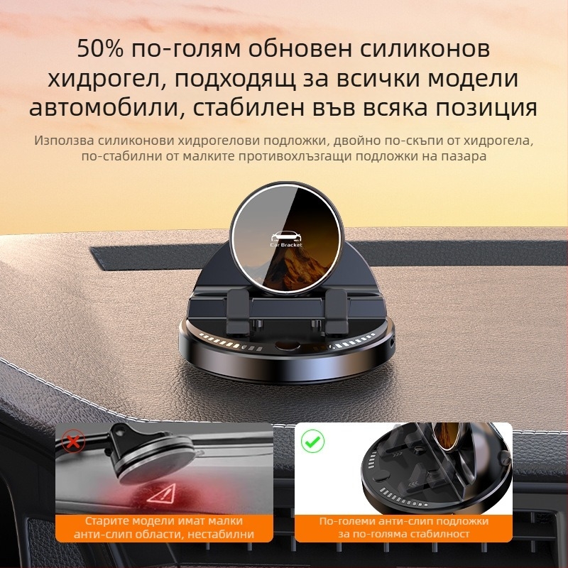 Автомобилен държач за телефон с безжично зареждане 15W, антихлъзгащ силикон, въртене на 360°, монтаж на таблото