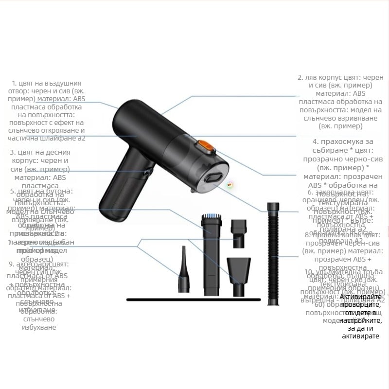 Прахосмукачка за автомобил, преносима безжична, мощно всмукване 20000 Pa, вход 25 W, батерия 17–38 мин, HEPA филтрация