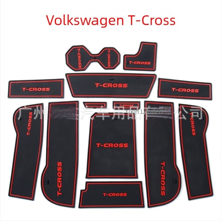 Интериорен автомобилен органайзер за Volkswagen T-Cross, държач за чаша и отделение за съхранение на подлакътник, PVC прахоустойчива анти‑плъзгаща се подложка, налична персонализация и печат на лого
