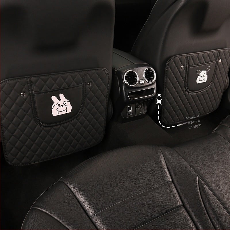 Пад за задната облегалка на автомобил против ритане, с дизайн на зайче и куче; универсален за всички сезони, PU материал, пълнеж от пяна