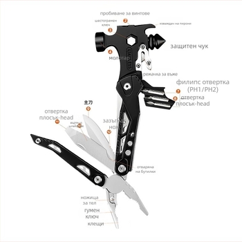 Външен мултифункционален чук за аварийно разбиване на прозорец с сгъваеми клещи, дължина на острието 5, обща дължина 165, подходящ за открити условия, автомобил, дом и къмпинг