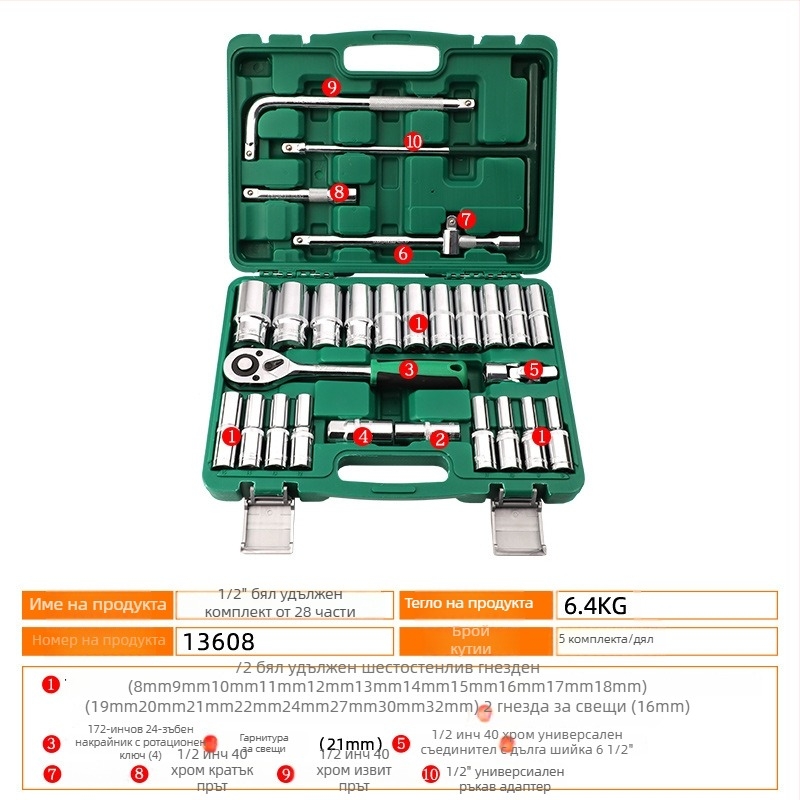 TUOSEN 28-частен комплект трещотен гаечен ключ с гнезда, стомана, за домашна употреба и ремонт на машини