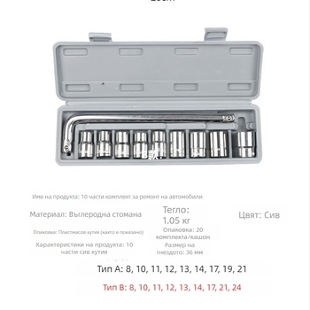 Десетчастен набор от гаечни ключове с вложки за автомобили и мототехника, от високо въглеродна стомана, с кутия за инструменти
