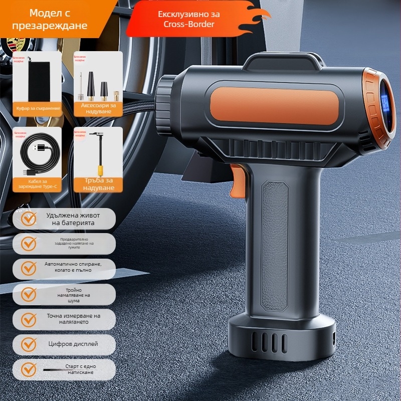 Безжичен преносим автомобилен помпа за надуване на гуми, 100W, 30 л/мин, 2+ цилиндъра, манометр за налягането, LED осветление