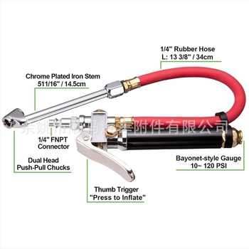 Пистолет за налягане на автомобилни гуми – SMT 5216, алуминиева тръба, диапазон 10–120 psi, точност ≤2 psi, резба 1/4 NPT