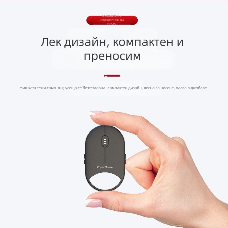 capacmouse Cap5 Безжична ергономична мини мишка – 4000 DPI, 7 бутона, Bluetooth и 2.4G, Plug‑and‑Play, Type‑C кабел включен