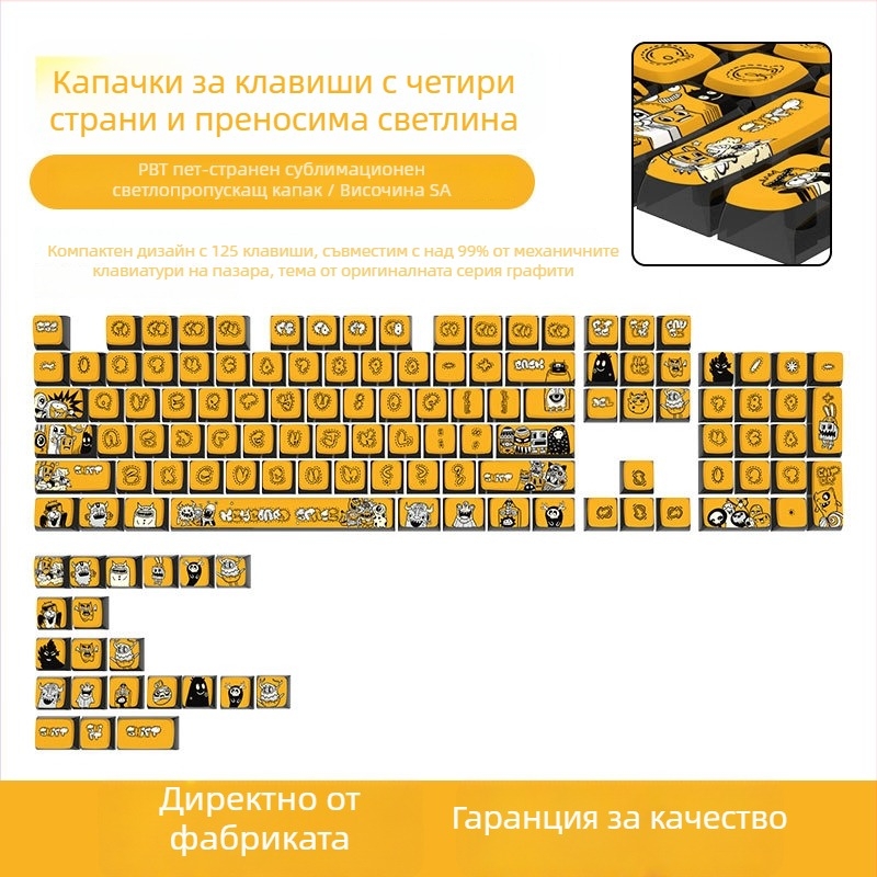 Механични клавиатурни капачета Pudding, PBT с прозрачен PC материал, прозрачен от всички страни, сублимационен печат, модел Tybt40 graffiti 20250529, 1-годишна гаранция