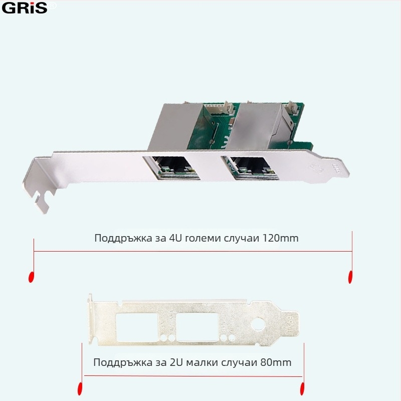 GRIS M.2 двойнопортова Ethernet карта, RJ-45, 10/100/1000 Mbps, M-B Key, Fast Ethernet