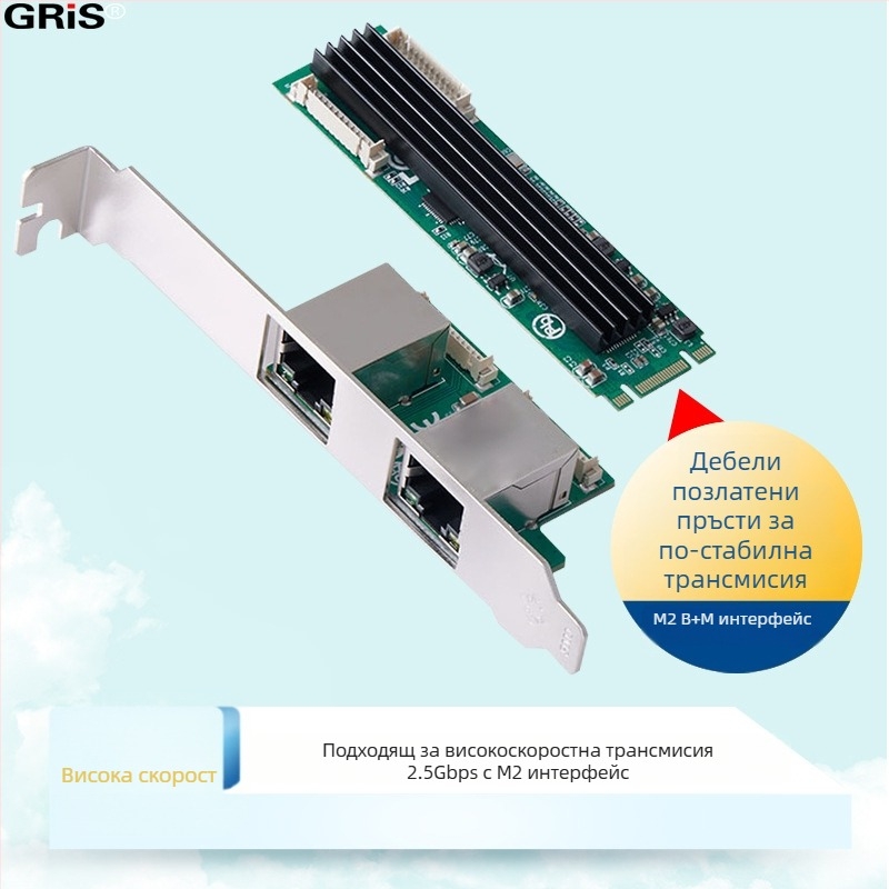 GRIS M.2 двойнопортова Ethernet карта, RJ-45, 10/100/1000 Mbps, M-B Key, Fast Ethernet