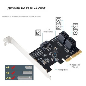PCIe към 5-портова SATA 6Gb/s разширителна карта с контролер JMB585, PCIe 3.0, без драйвери