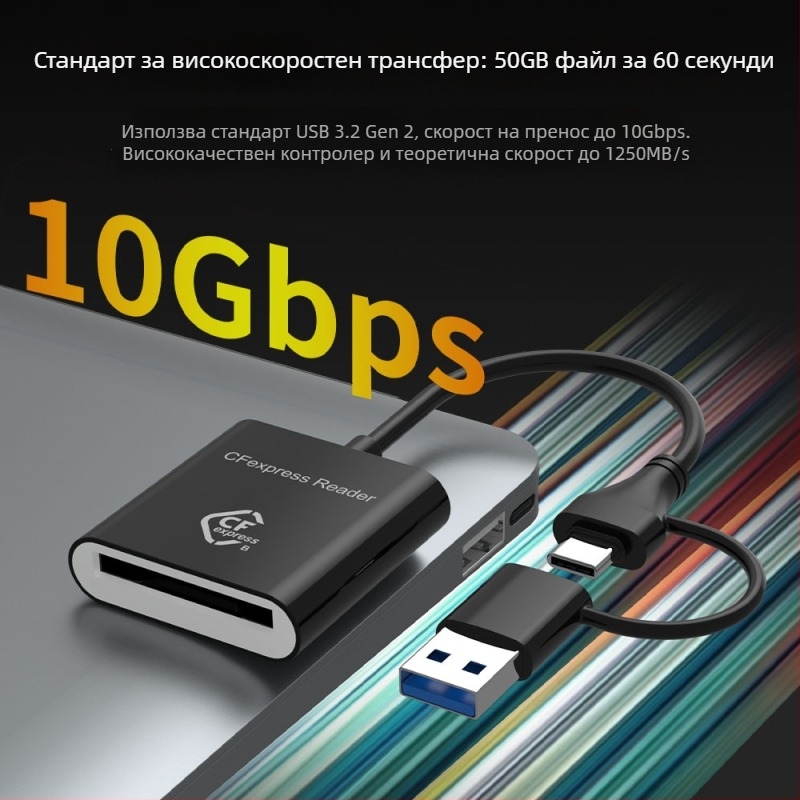 CFexpress Type-B четец за карти, SD 2.0, USB 3.2 (10Gbps), Type-C интерфейс