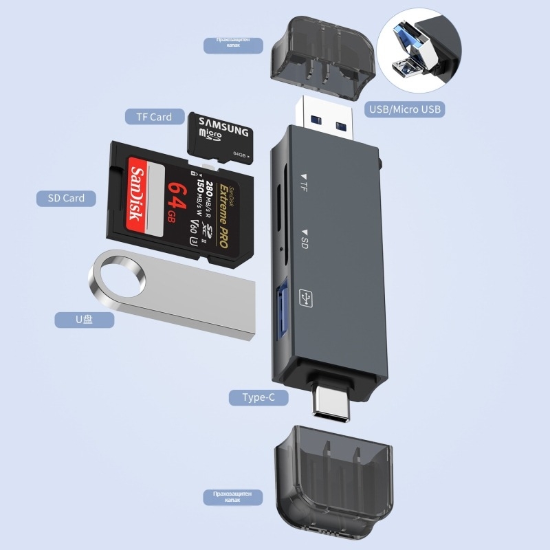 USB 3.0 четец за карти SDHC/TF – OTG, външен алуминиев корпус за Android телефони и компютри (модел Ltc0069)