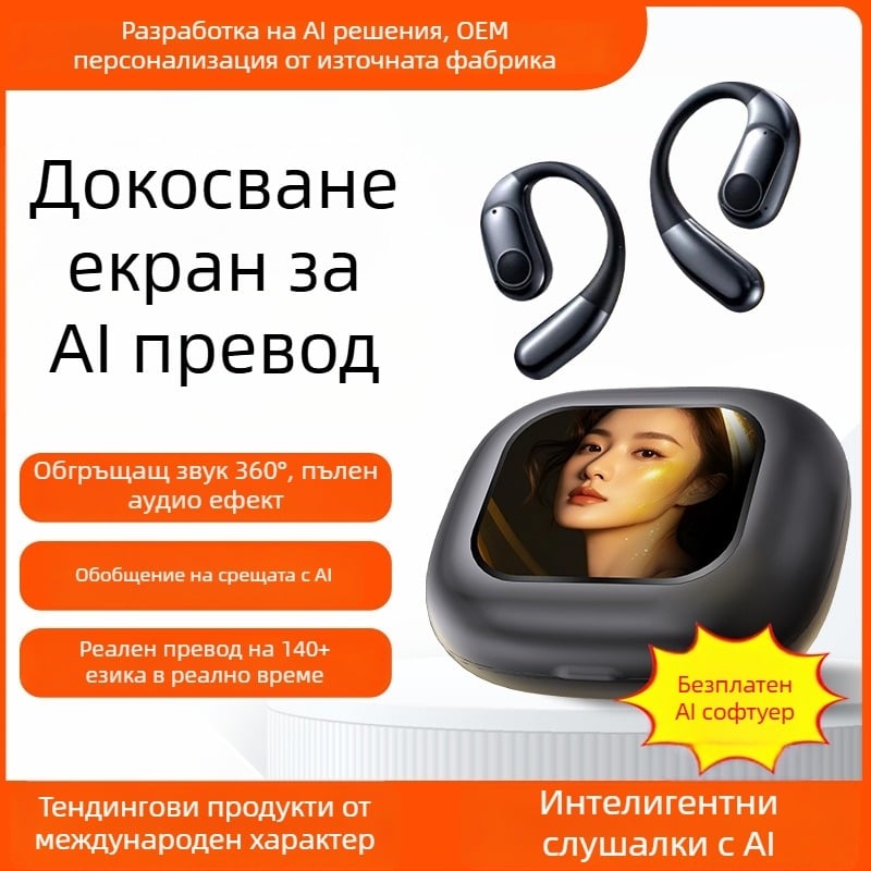 AI интелигентна Bluetooth слушалка за едновременно превод със ушен държач, запис и транскрипция, Android/iOS, Bluetooth 5.4, 400mAh, 45g, управление с докосване и бутон, модел 2025