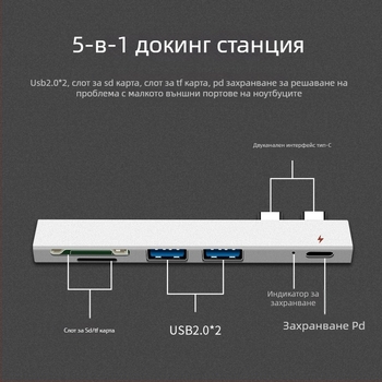 MacBook Air Pro докинг станция с четец за карти, USB-C хъб, PD зареждане, USB 2.0 скорост, без външно захранване