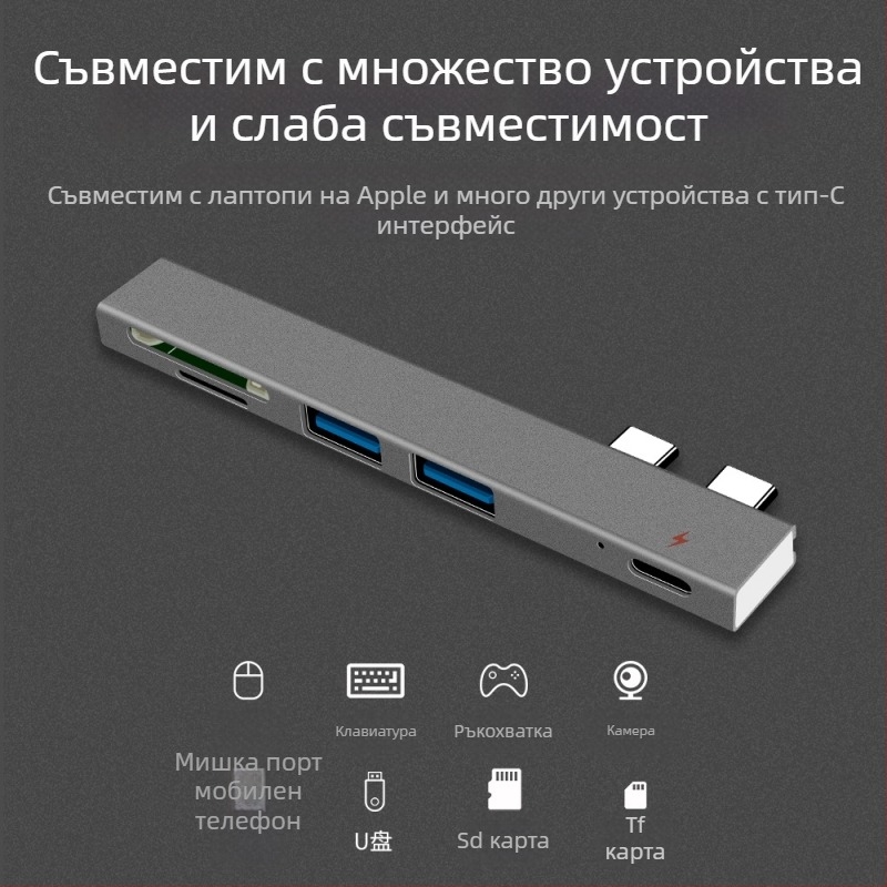 MacBook Air Pro докинг станция с четец за карти, USB-C хъб, PD зареждане, USB 2.0 скорост, без външно захранване