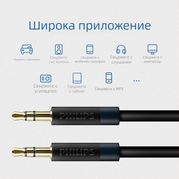 Philips AUX аудио кабел, 1 към 2 разделител, златно покрити конектори, сребърно покрит меден проводник, модел SWR2102S/93