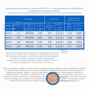 H07V-K кабел с чисто медно ядро, гъвкав едножилен проводник, VDE сертифициран за вътрешна електроинсталация