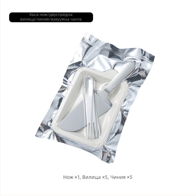 Десертен комплект от неръждаема стомана (нож, вилица, чиния) с чанта и печат на лого – 410 неръждаема стомана, модерен стил