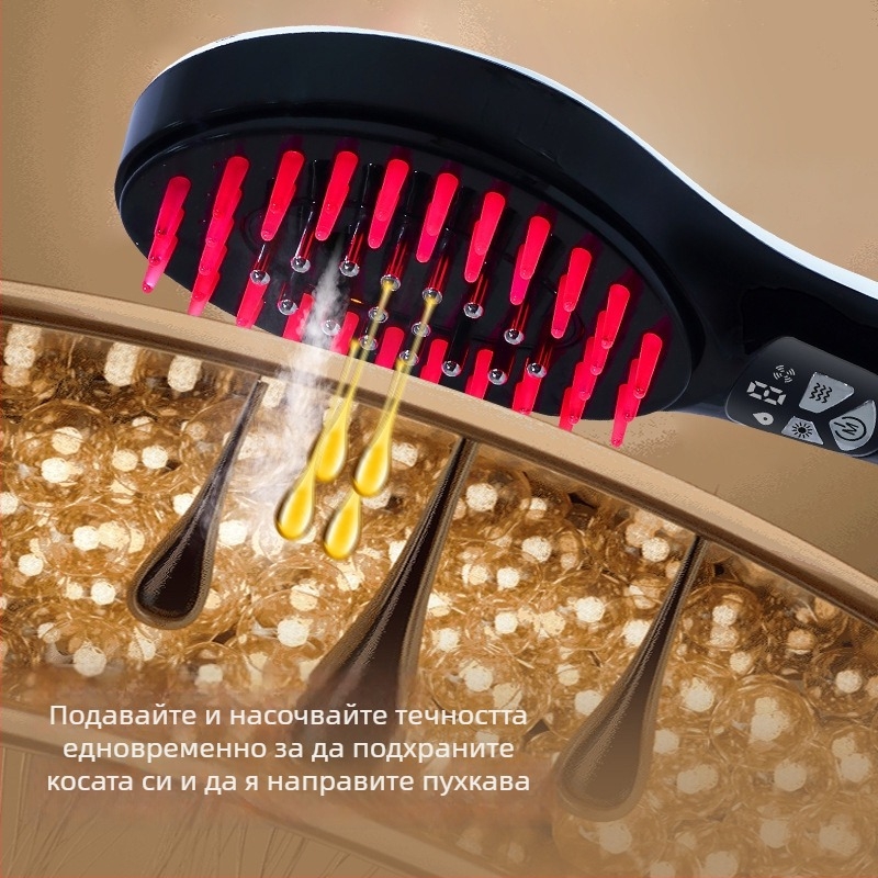 2‑в‑1 гребен за растеж и грижа за косата със спрей за етерично масло, нано спрей, EMS микротокове (3 нива), 9 нива вибрация, светлинна терапия, електрически масажор на скалпа