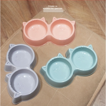 Двоен пластмасов съд за котки с дизайн на котешко лице и форма макарон, антипреобръщане
