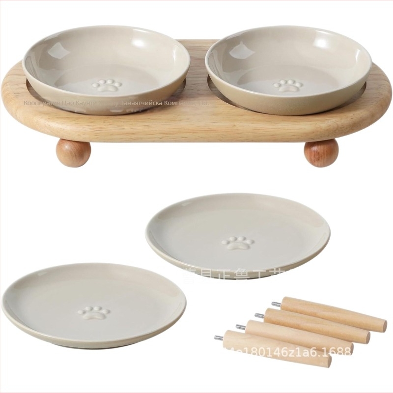 Дървена стойка за котешка купа с наклонен дизайн за подкрепа на шията